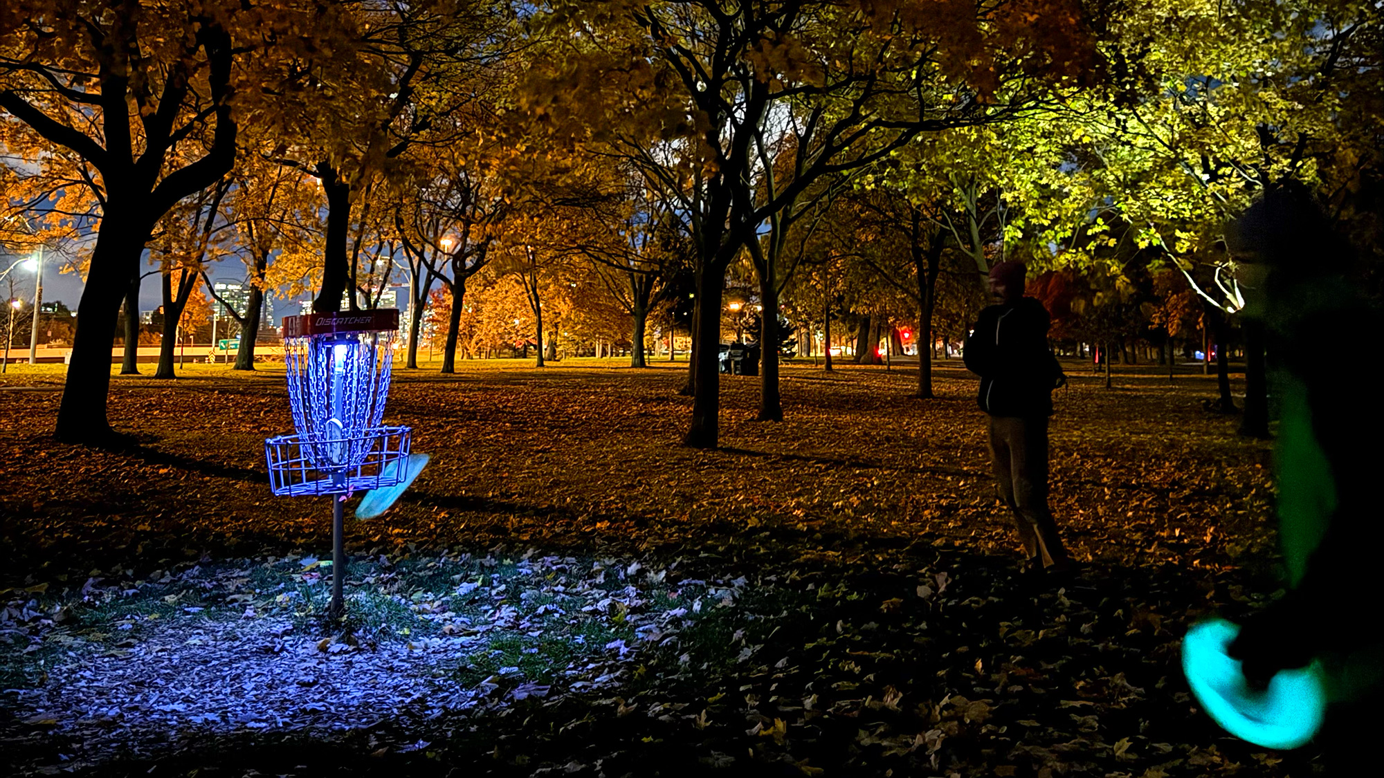 Glow-in-the-dark disc golf at Marilyn Bell Disc Golf Course in Toronto, Ontario