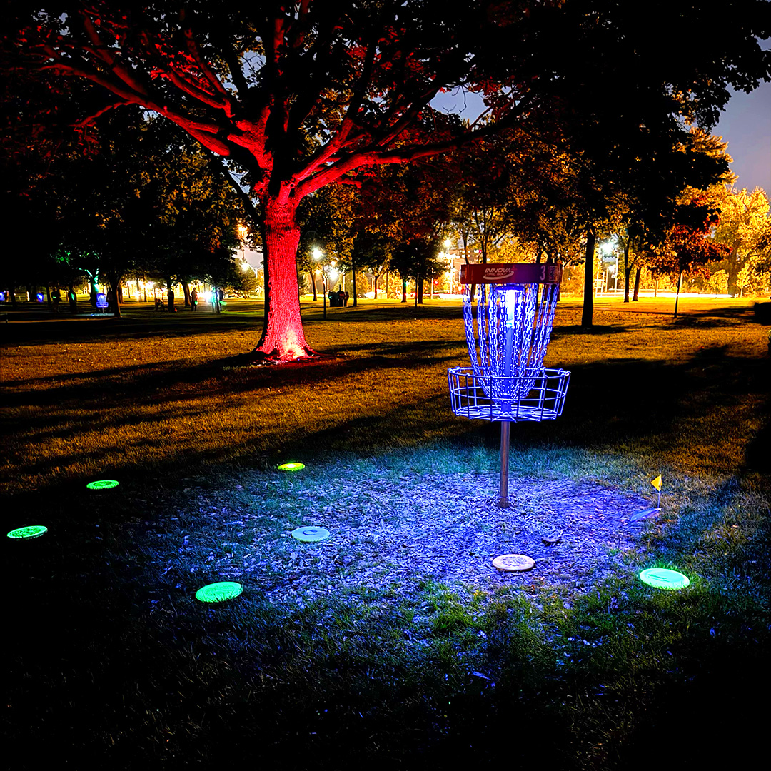 Glow-in-the-dark disc golf at Marilyn Bell Disc Golf Course in Toronto, Ontario