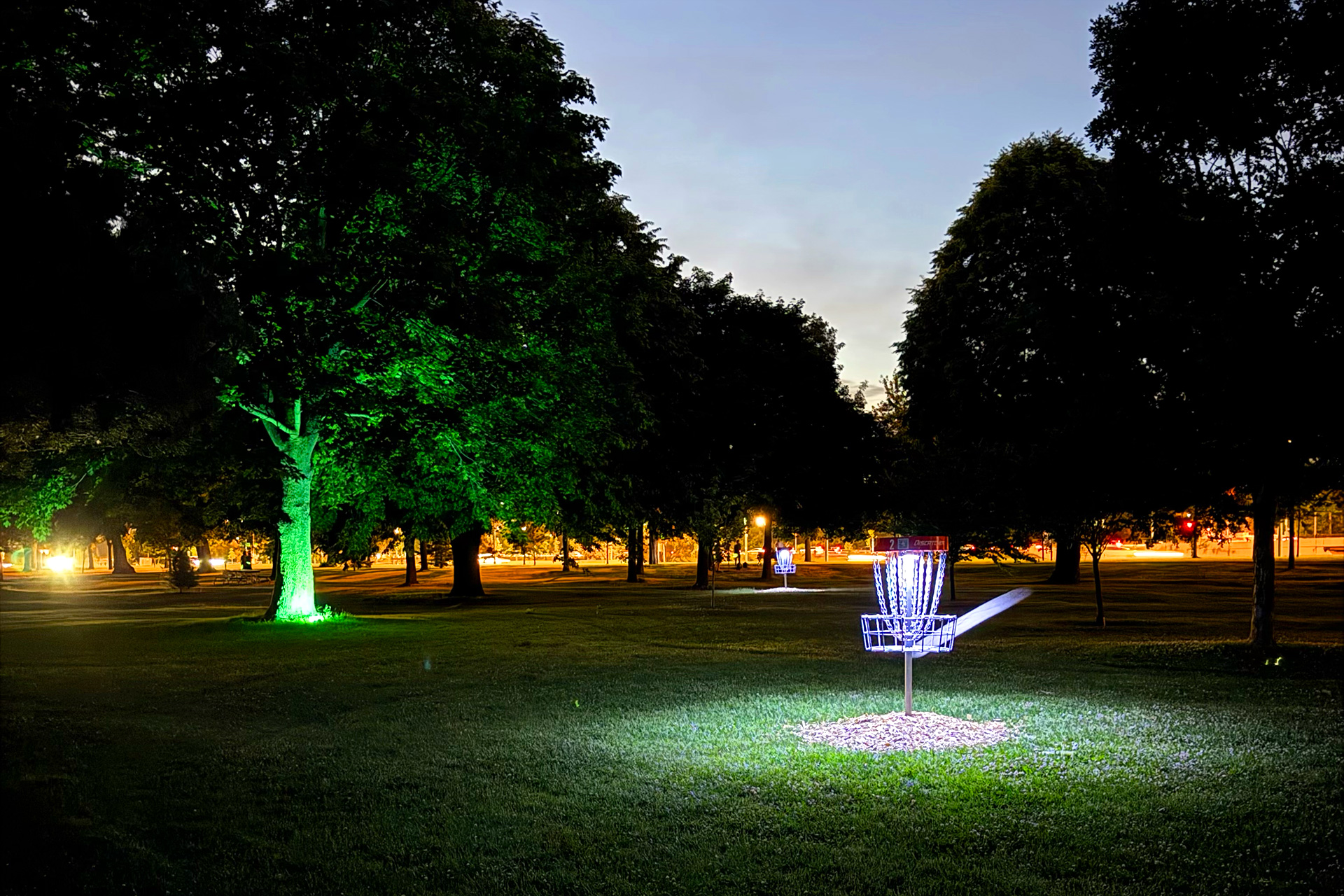 Glow-in-the-dark disc golf at Marilyn Bell Disc Golf Course in Toronto, Ontario
