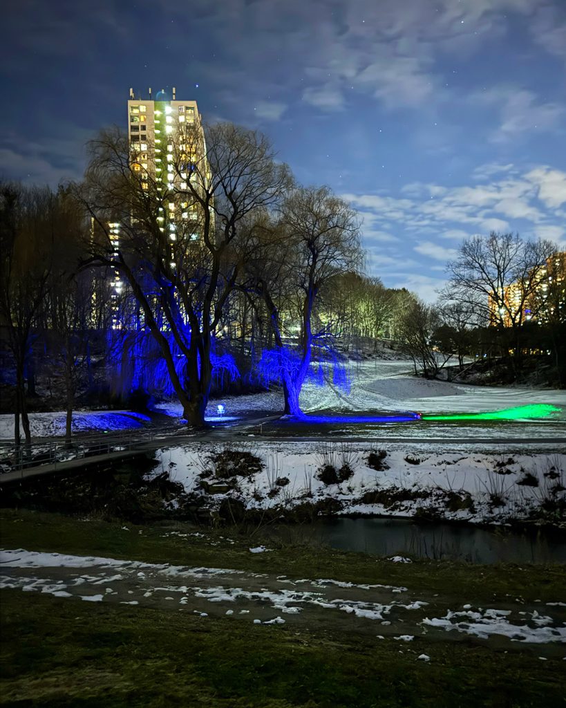 Lit up urban disc golf fairway with lighting cutting through the dark at Dentonia Park during the Toronto GLOWpen