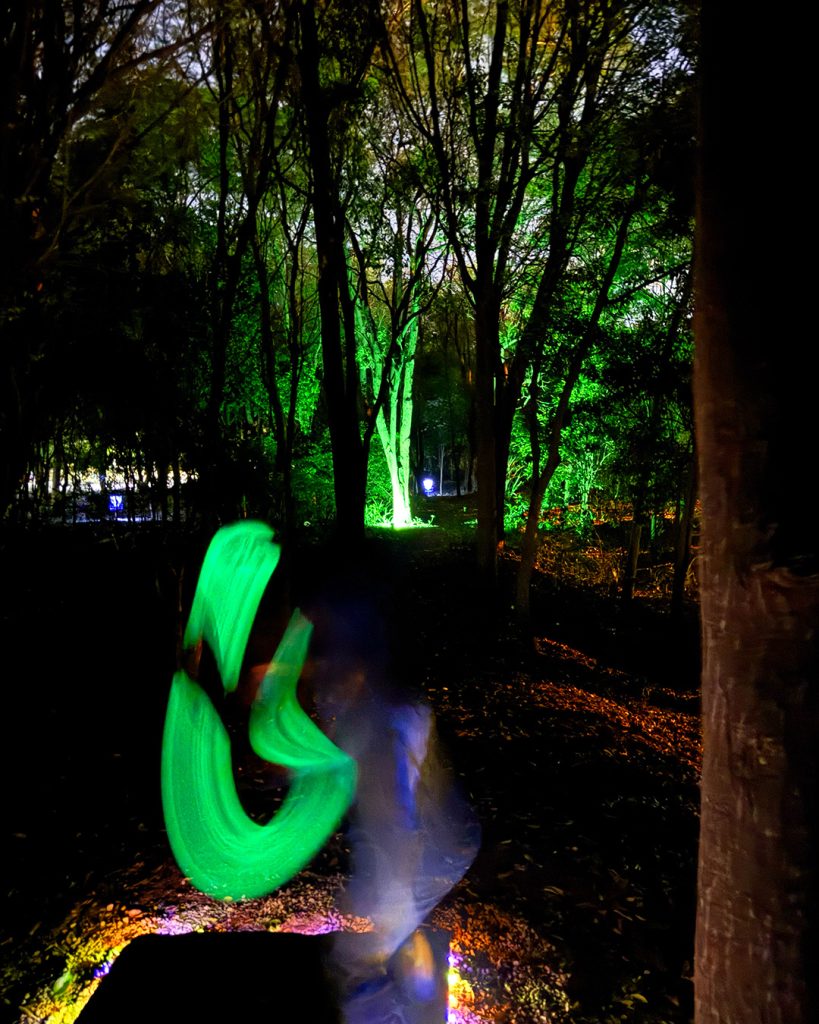 A disc golf basket illuminated with UV and glow lighting in the dark during the first ever glow disc golf round played in the Dominican Republic at Parque Central de Santiago.