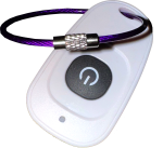 Wireless remote control for the HALO glow disc recharger, with power button and UV purple lanyard cord against black background