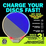 HALO Red glow disc charger promotional graphic highlighting key features: lightweight, rechargeable, fits in any bag, long-lasting battery, and 3-second disc charging via remote-controlled UV light