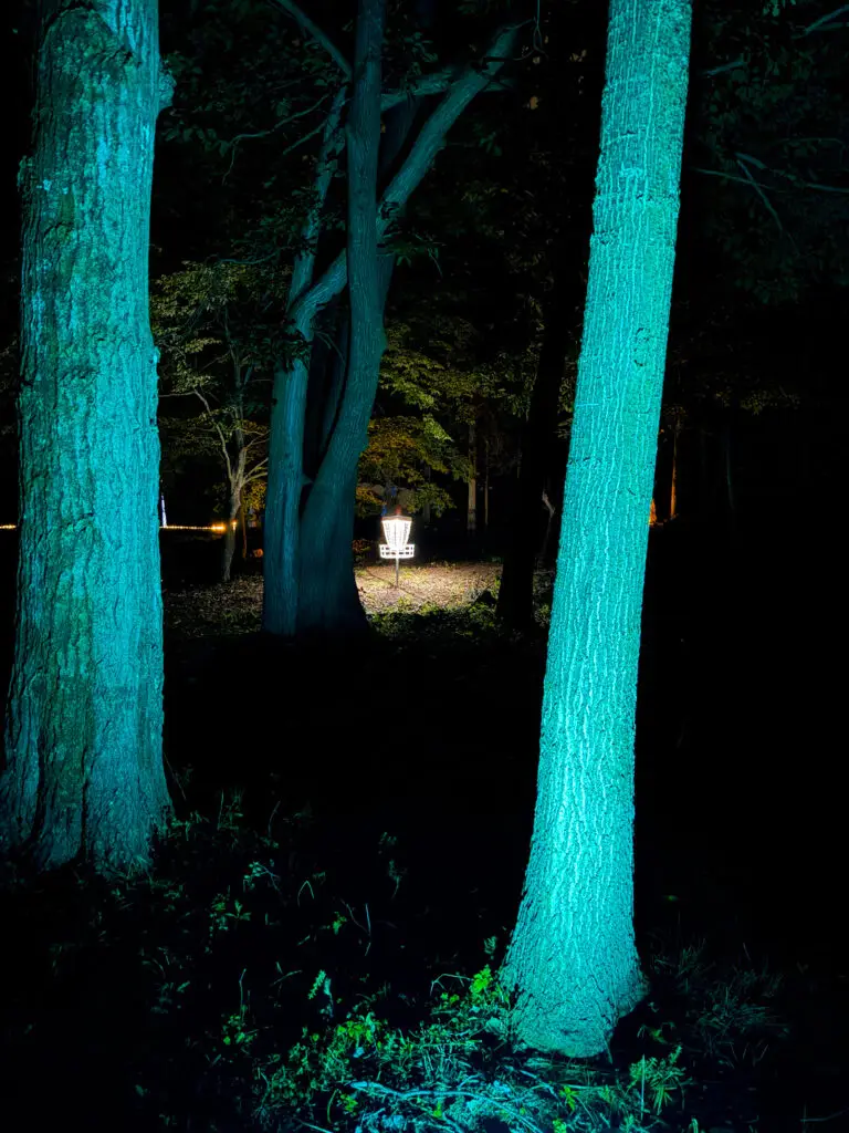 A distant glowing disc golf basket is framed by two large tree trunks lit vivid teal on a dark forest path at Black Bear Ridge.