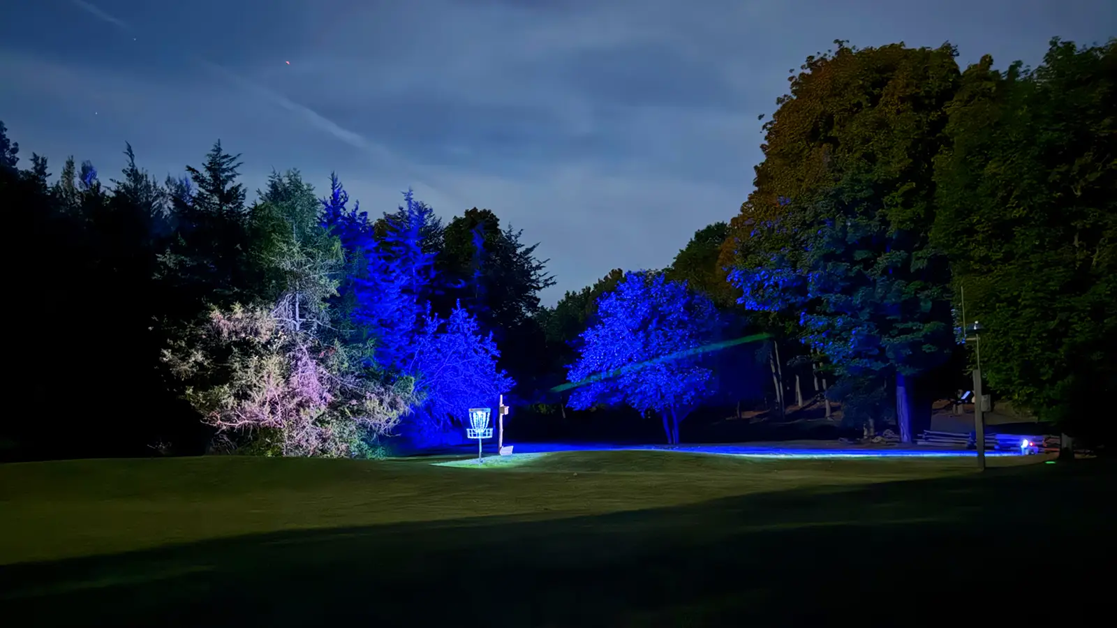 Empty disc golf fairway at night lit in blue with a glowing basket in the distance.
