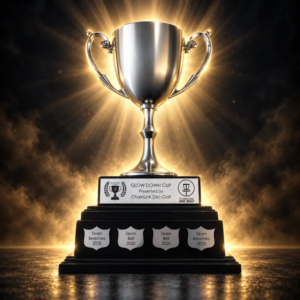 The Glow Down Cup trophy, a silver two-handled cup on a black tiered base, engraved with the winning teams of Toronto's glow disc golf rivalry