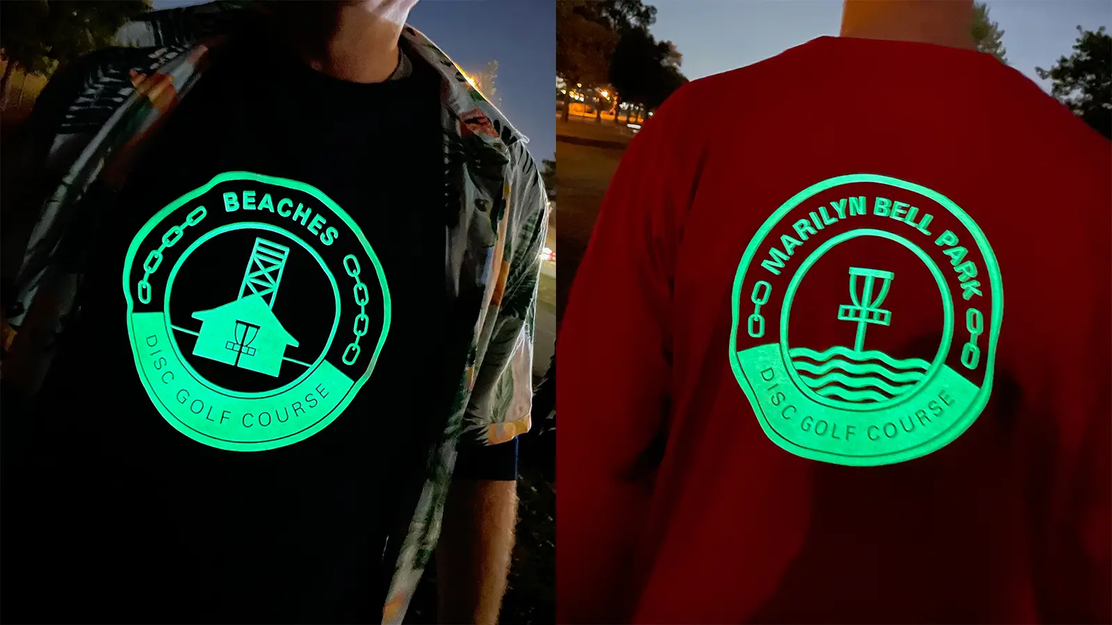 Side-by-side glowing Beaches and Marilyn Bell Park disc golf team shirts