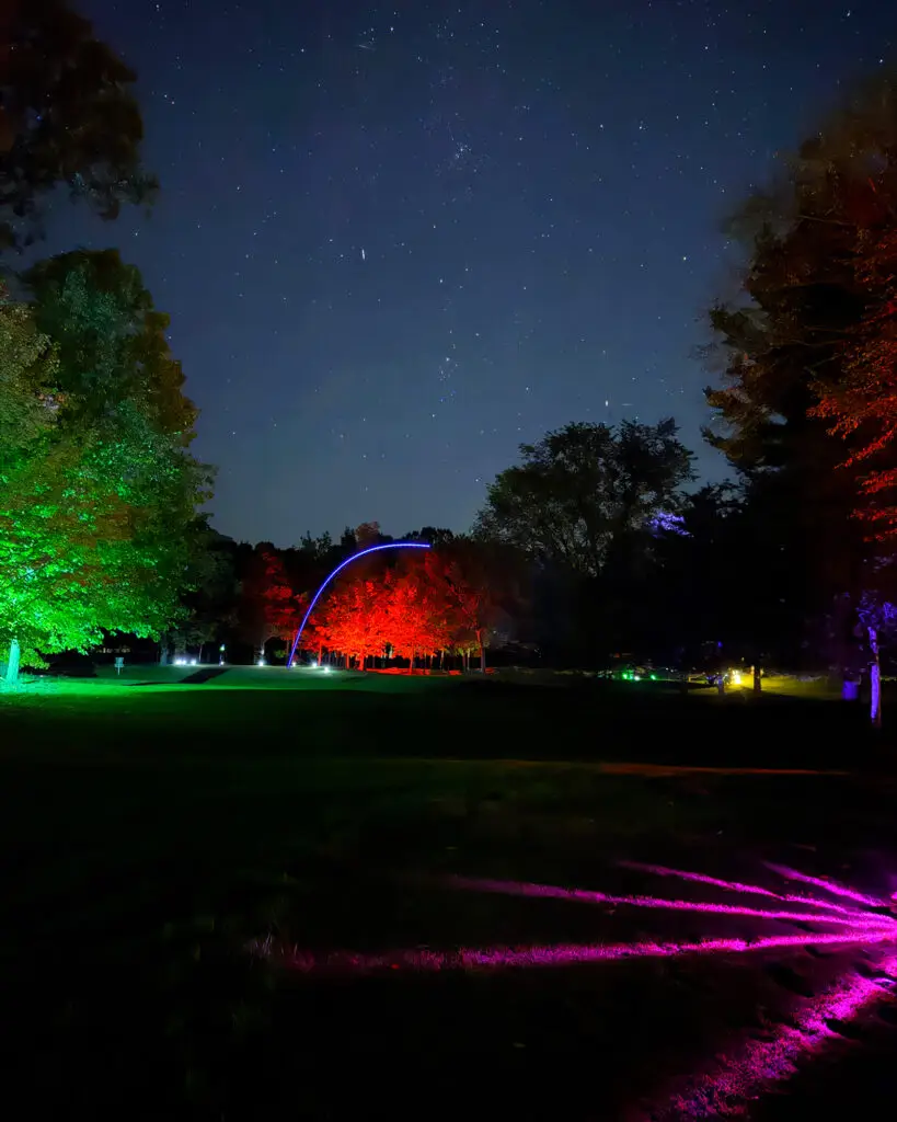 A blue LED ball trail arcs above trees lit green and red at Black Bear Ridge, with pink light radiating across the grass in the foreground.