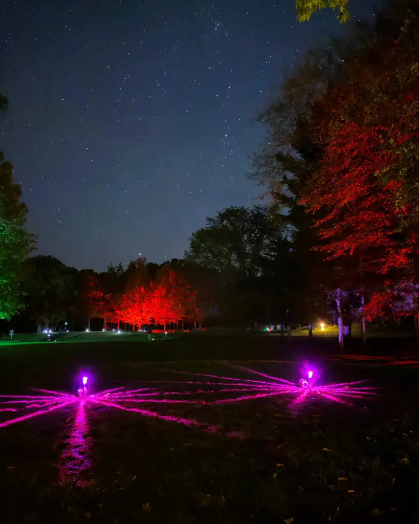 Two pink LED tee markers radiate light across the grass in the foreground, framed by a green-lit tree on the left and red-lit trees on the right.
