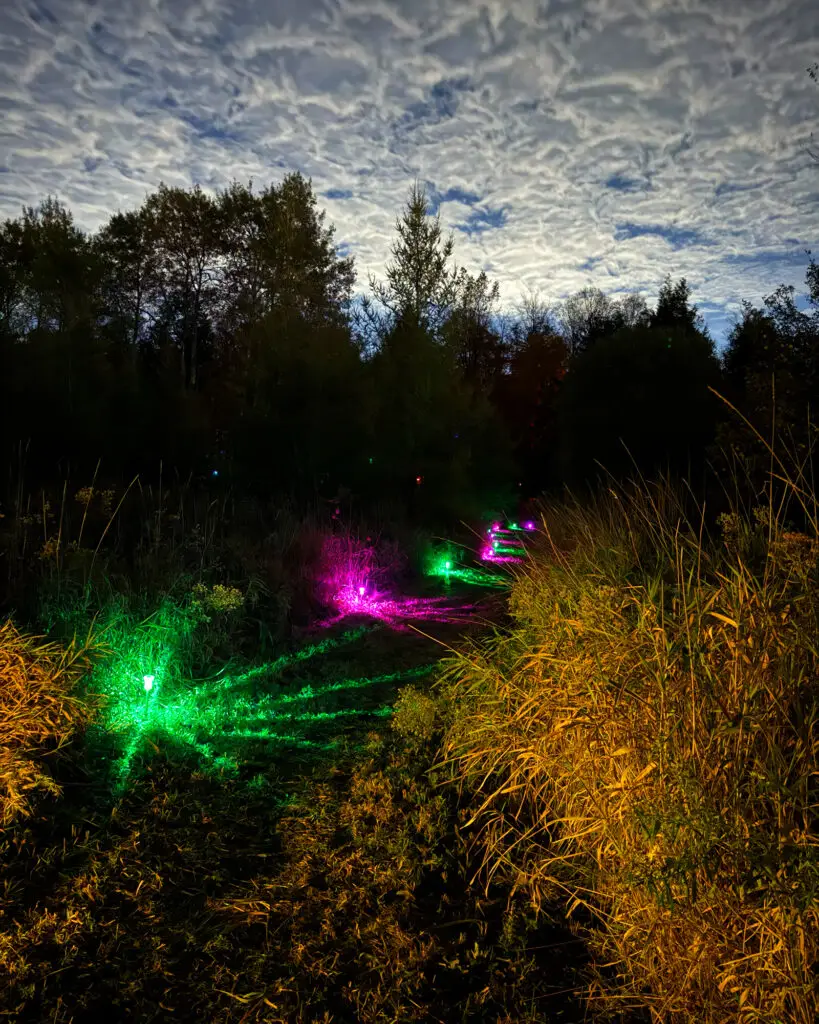 Pink and green glow stakes marking a path through tall grass at night during GLOWLOT