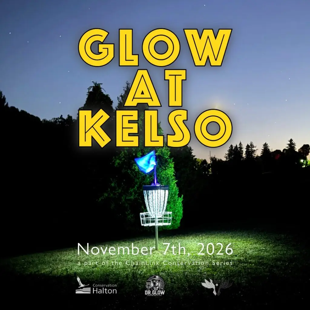 Glow at Kelso graphic with a lit disc golf basket at dusk, November 7th, 2026, as part of the ChainLink Conservation Series.
