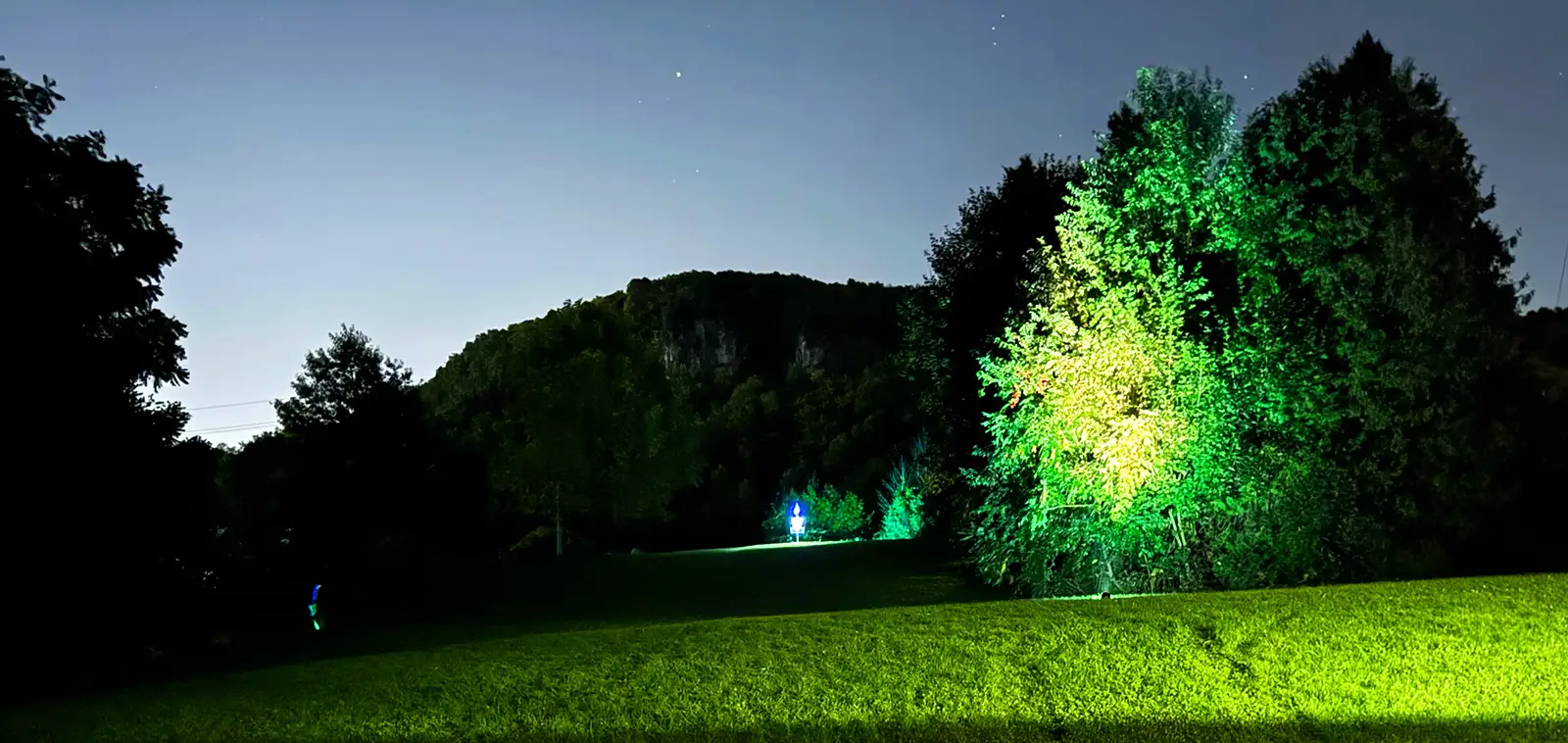 A distant glowing disc golf basket sits below a wooded escarpment at Kelso, with lit trees and grass under a starry sky.